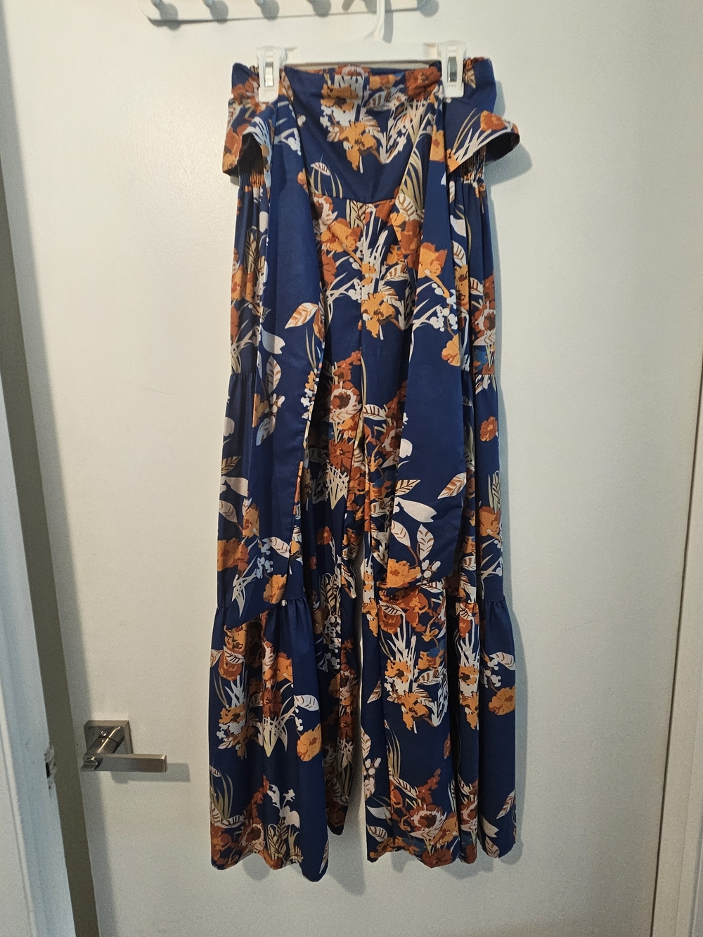 Royal Blue Floral Off-Shoulder Maxi Dress with Orange Blooms